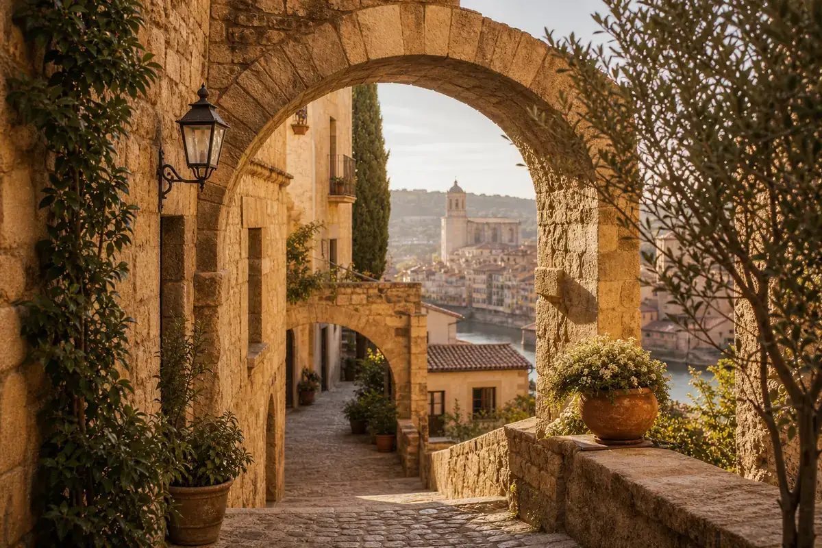Calle histórica de piedra con vegetación y luz suave para una escapada tranquila.