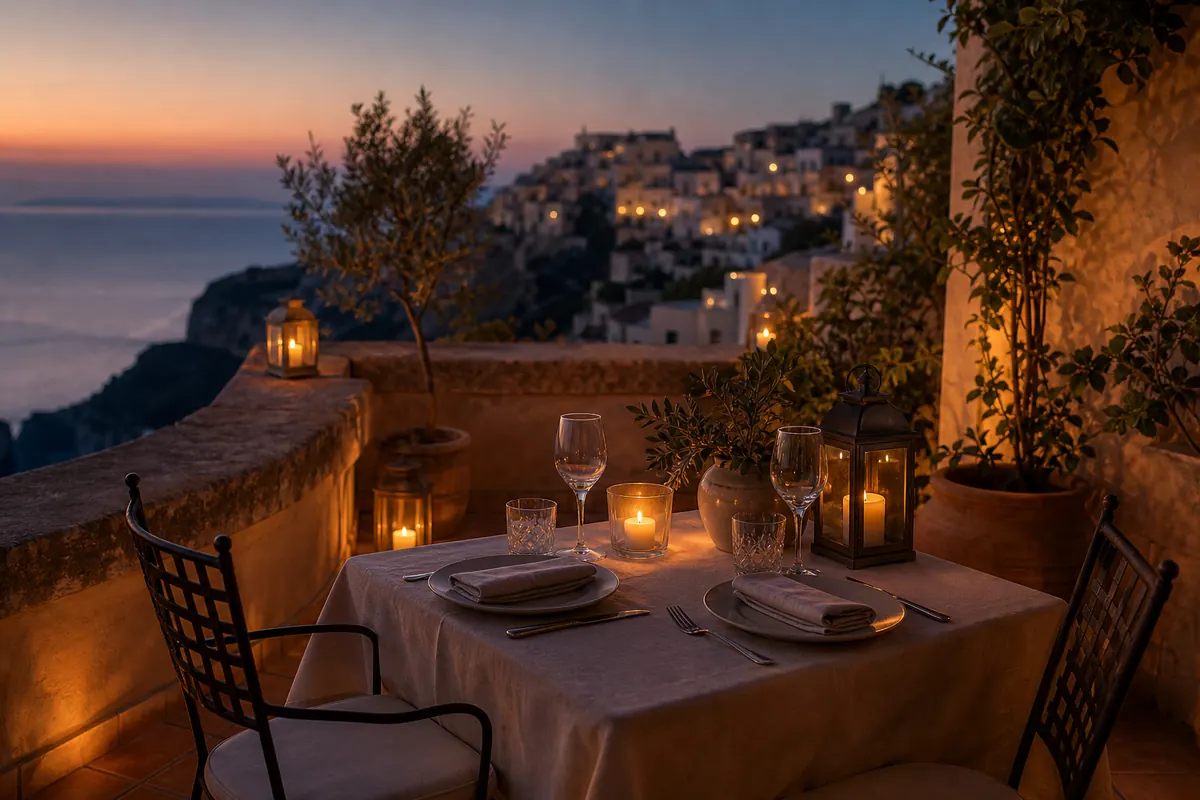 Mesa íntima en una terraza al anochecer para una experiencia romántica.