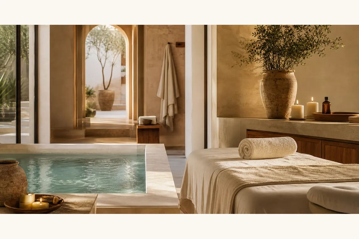 Ambiente cálido de spa con agua, textiles suaves y luz natural.