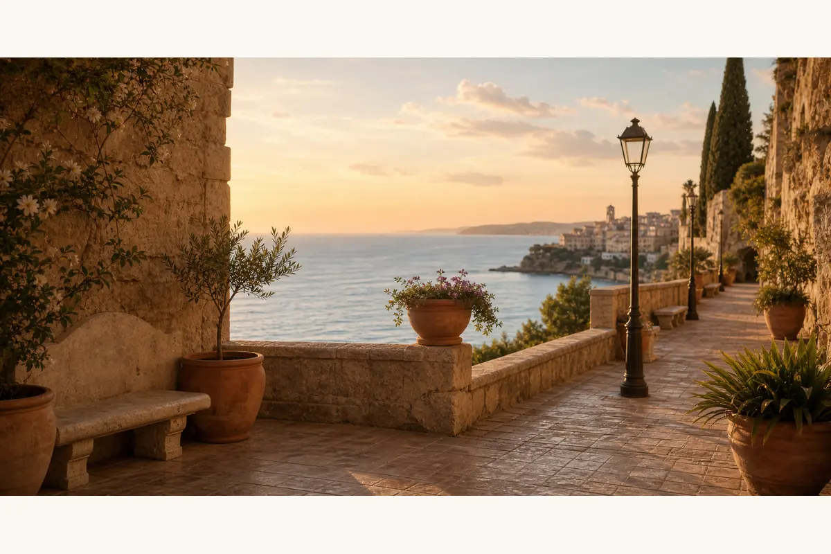 Terraza costera mediterránea con vistas al mar y luz de atardecer.